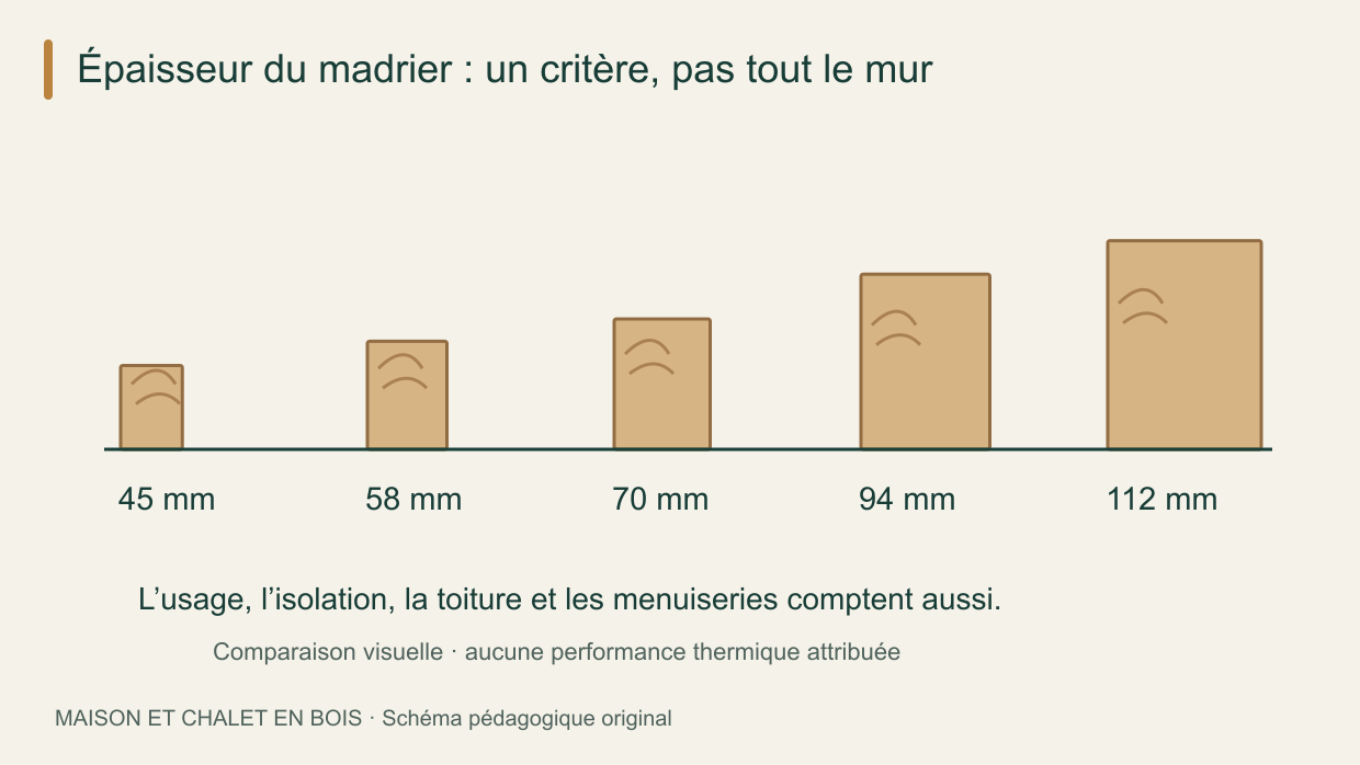 Quelle épaisseur de bois pour un abri de jardin ou un chalet ? 3 Épaisseurs de madriers de 45, 58, 70, 94 et 112 mm, sans équivalence thermique