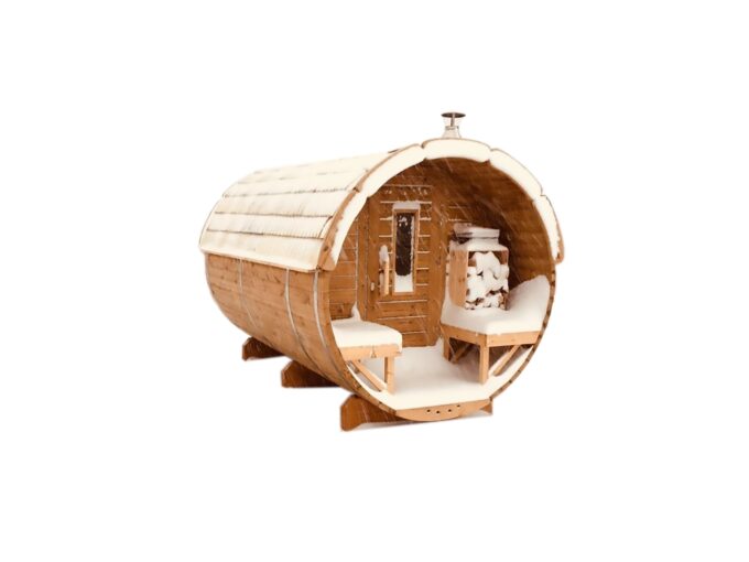 Sauna tonneau extérieur Ø2,2 x 4 m Sauna tonneau à toiture végétalisable - vue extérieure