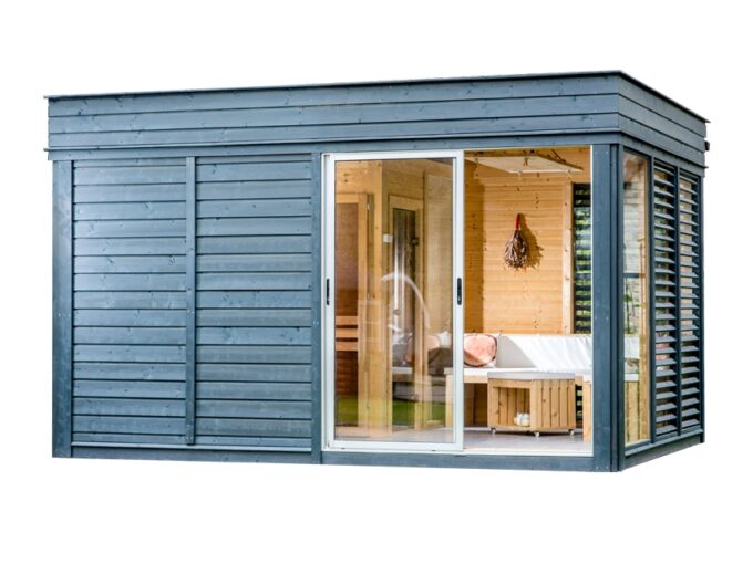 Sauna cube extérieur 3 x 4 m avec espace détente - vue extérieure