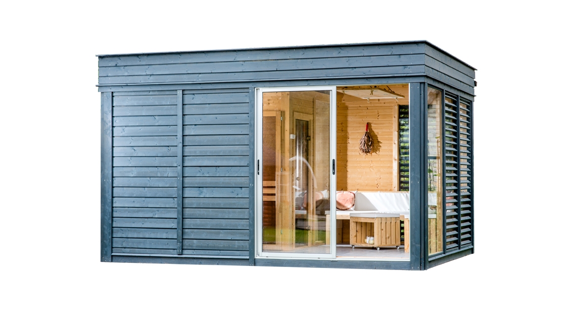 Sauna cube extérieur 3 x 4 m avec espace détente - vue 1