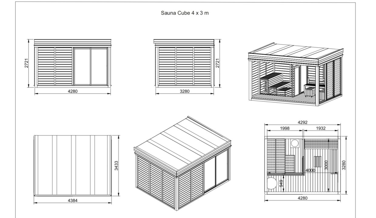Plan - Sauna cube extérieur 3 x 4 m avec espace détente