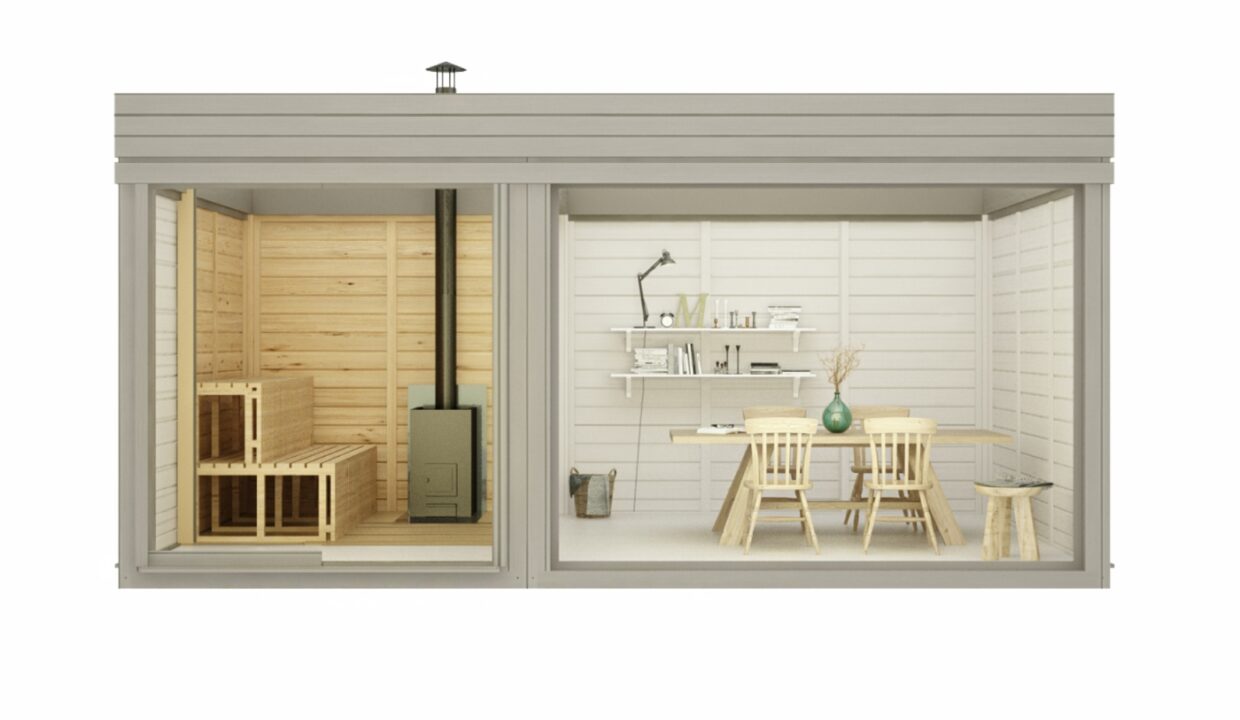Sauna cube extérieur 3 x 5 m avec espace détente - vue 3