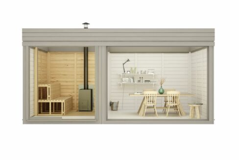 Sauna cube extérieur 3 x 5 m avec espace détente - vue 3