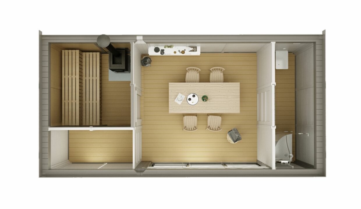 Plan - Sauna cube extérieur 3 x 6 m avec espace détente
