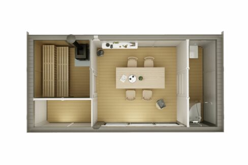 Plan - Sauna cube extérieur 3 x 6 m avec espace détente