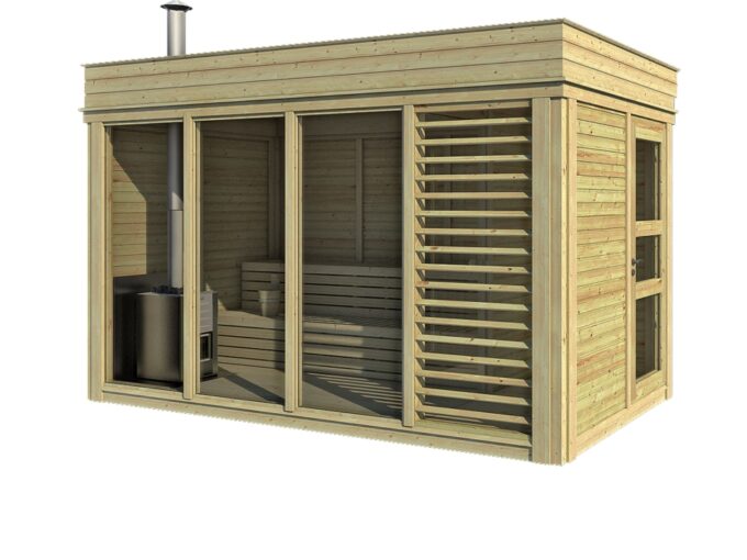 Sauna cube extérieur 2 x 4 m avec vestiaire - vue extérieure