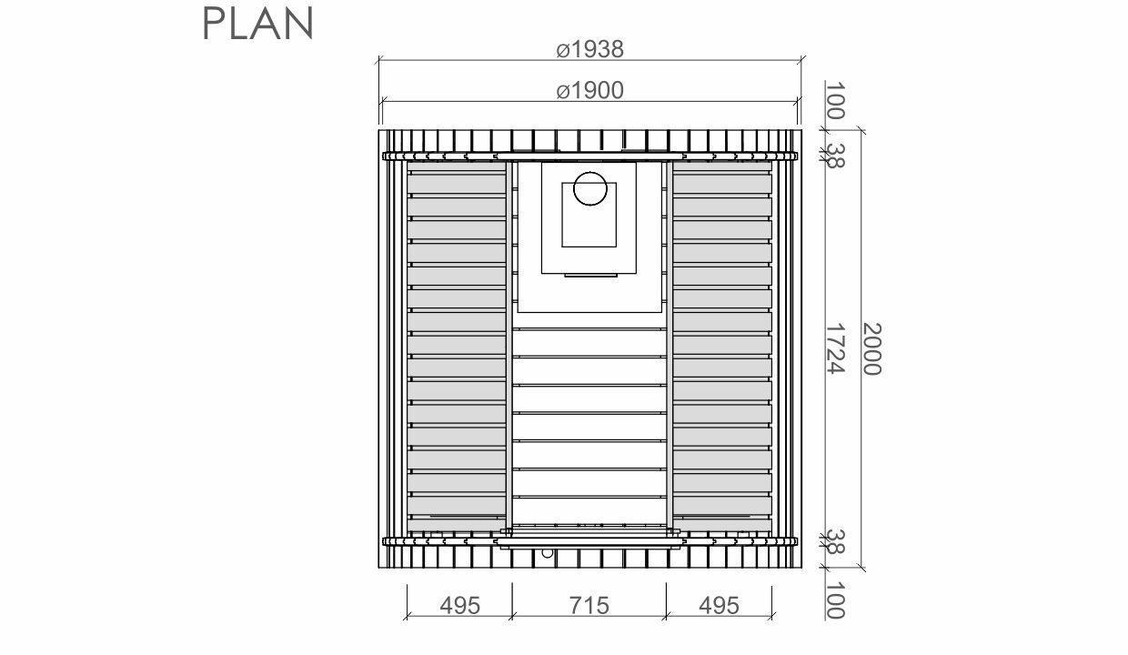 Plan - Sauna tonneau extérieur Ø1,9 x 2 m Sauna tonneau