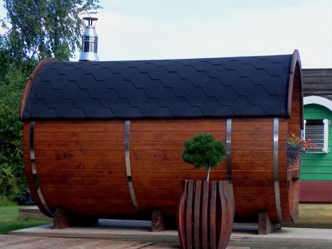 Sauna tonneau extérieur Ø2,2 x 2,5 m Sauna tonneau - vue extérieure