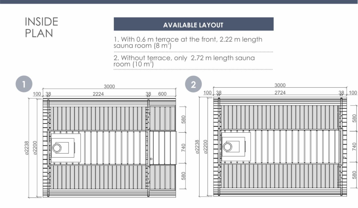 Plan - Sauna tonneau extérieur Ø2,2 x 3 m Sauna tonneau