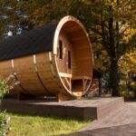Sauna tonneau extérieur Ø2,2 x 3,5 m Sauna tonneau - vue extérieure