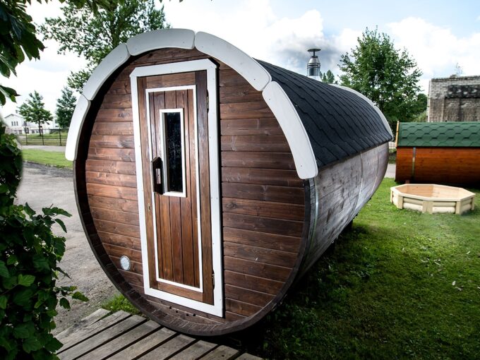 Sauna tonneau extérieur Ø2,2 x 4 m Sauna tonneau - vue extérieure