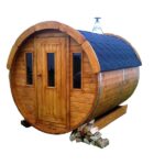 Sauna tonneau extérieur Ø1,9 x 2 m Sauna tonneau en bois thermo-traité - vue extérieure