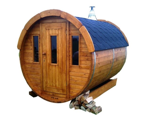 Sauna tonneau extérieur Ø1,9 x 2 m Sauna tonneau en bois thermo-traité - vue extérieure