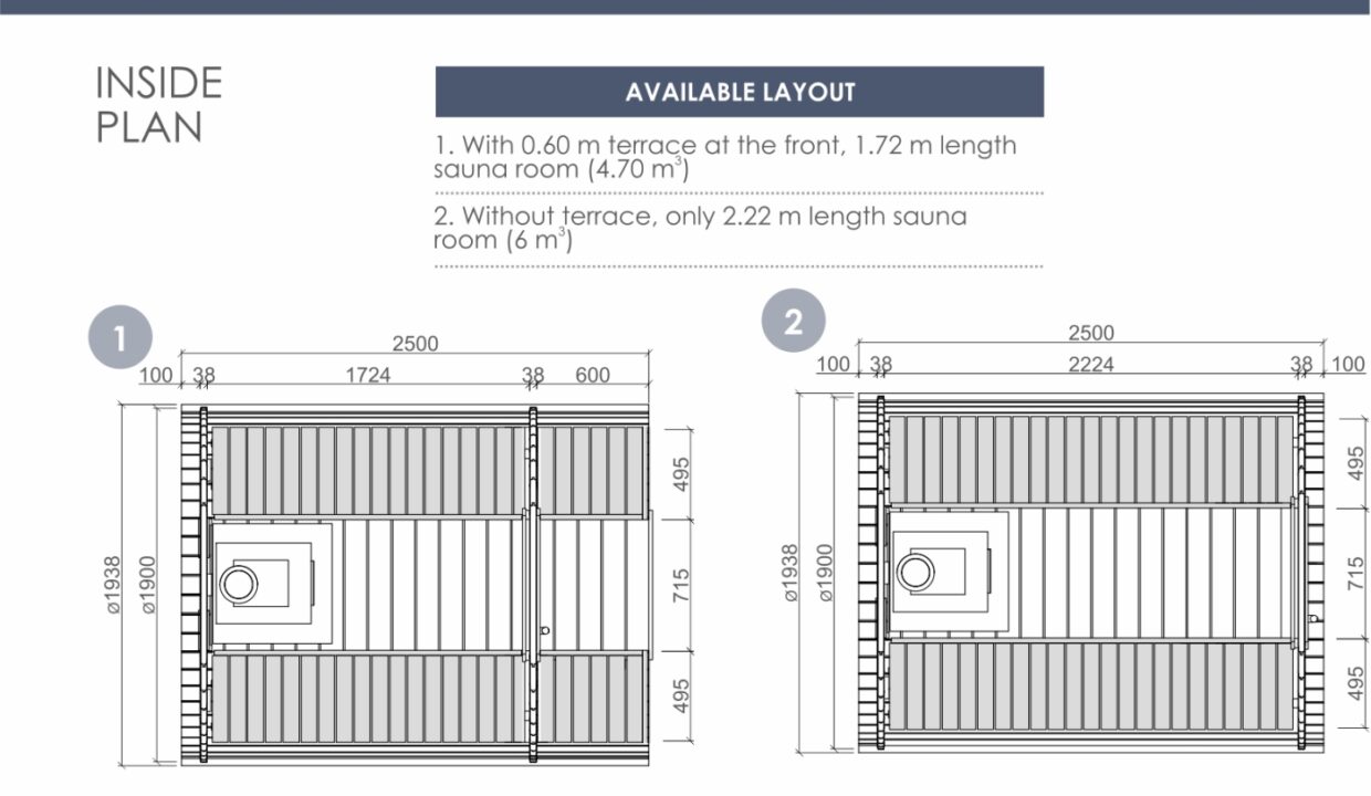 Plan - Sauna tonneau extérieur Ø1,9 x 2,5 m Sauna tonneau en bois thermo-traité