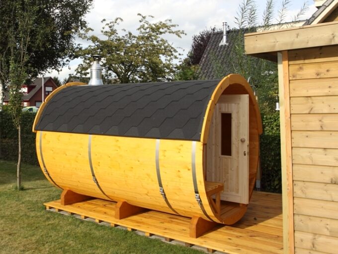 Sauna tonneau extérieur Ø1,9 x 3 m Sauna tonneau en bois thermo-traité - vue extérieure