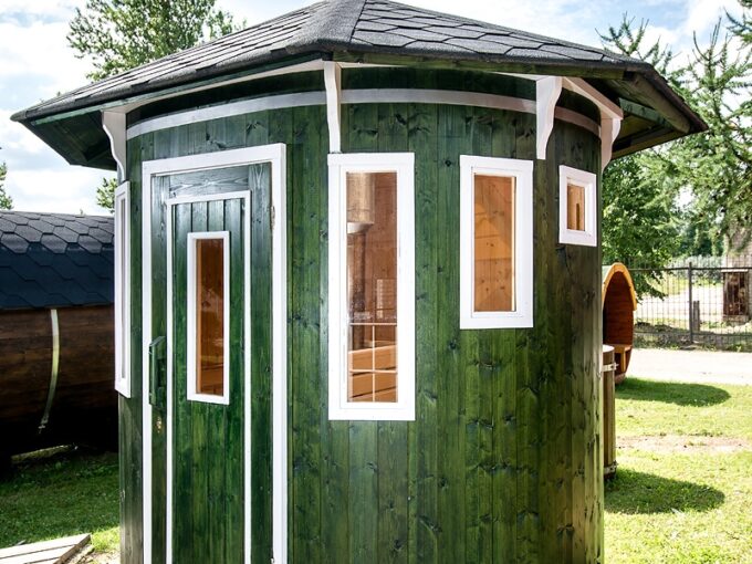Sauna extérieur vertical ovale tonneau - vue extérieure