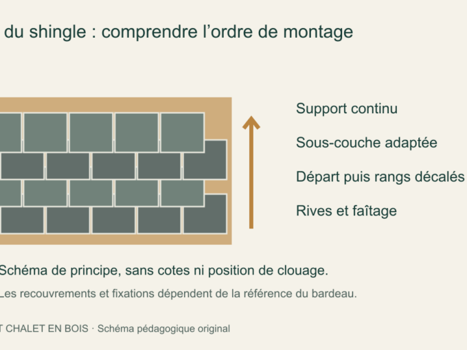 Pose du shingle du bas vers le haut avec rangs décalés, sans cotation ni prescription de clouage