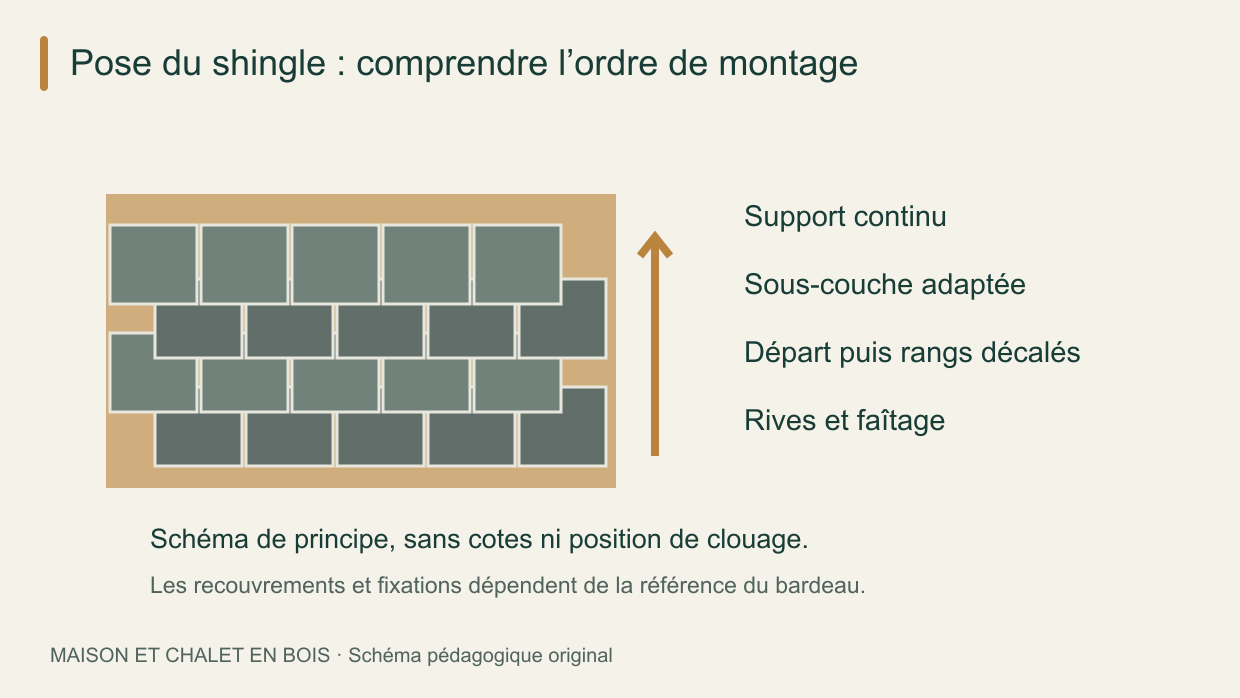 Comment poser du shingle sur un abri ou un chalet ? 3 Pose du shingle du bas vers le haut avec rangs décalés, sans cotation ni prescription de clouage