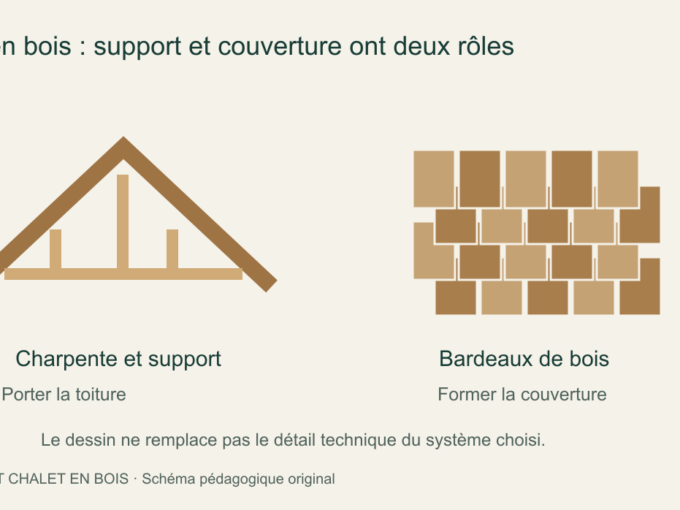 Différence entre charpente et support de toiture à gauche, couverture en bardeaux de bois à droite