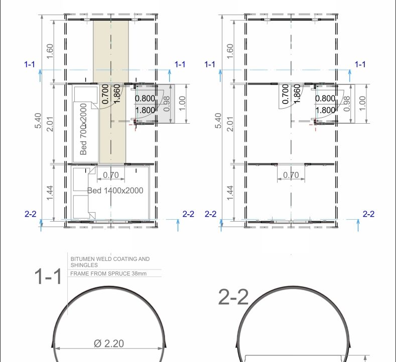 Plan du Tonneau de couchage à entrée latérale 2,2 x 5,4 m