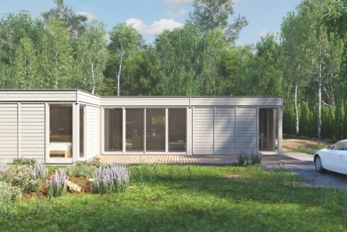 Cube glamping isolé en L 42 m² - vue principale