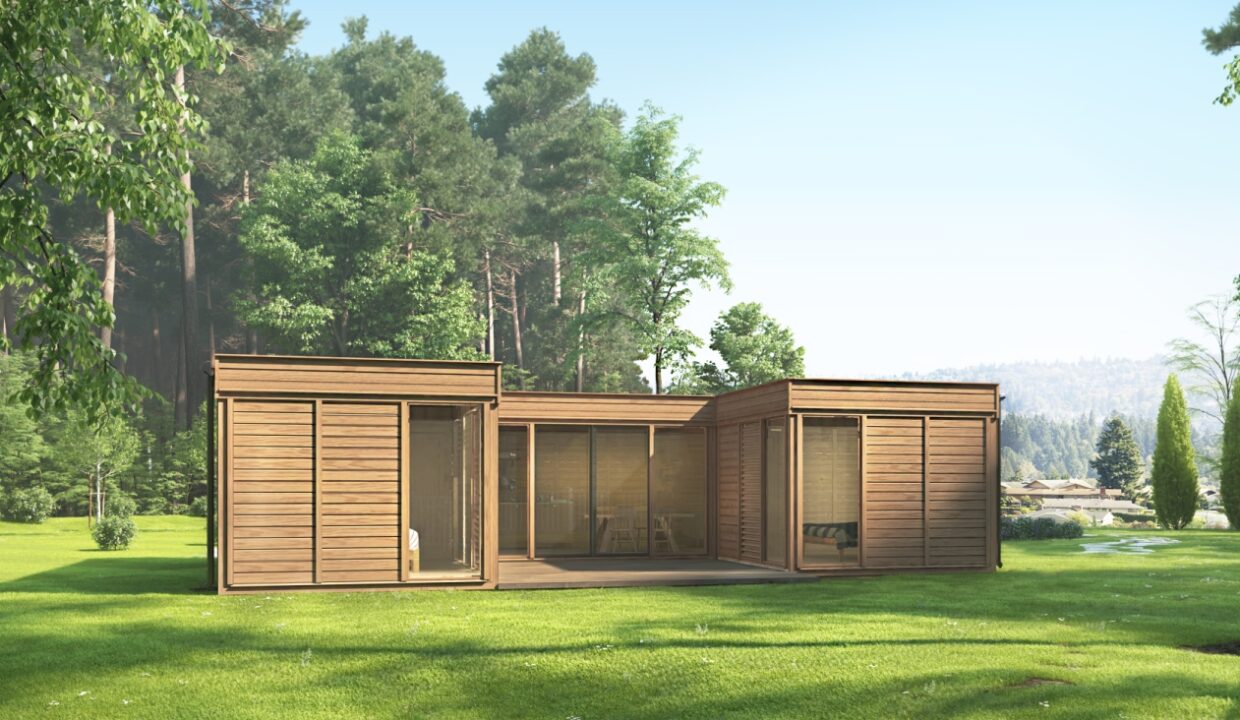 Cube glamping isolé en U 51 m² - vue principale