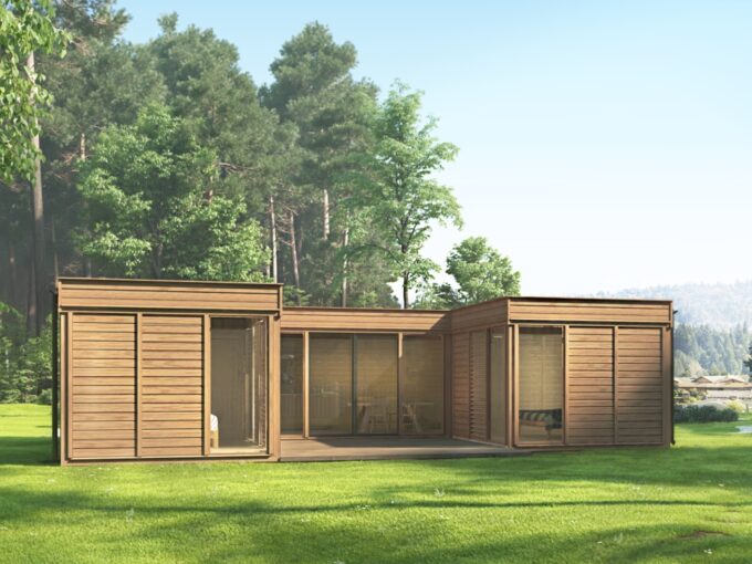 Cube glamping isolé en U 51 m² - vue principale