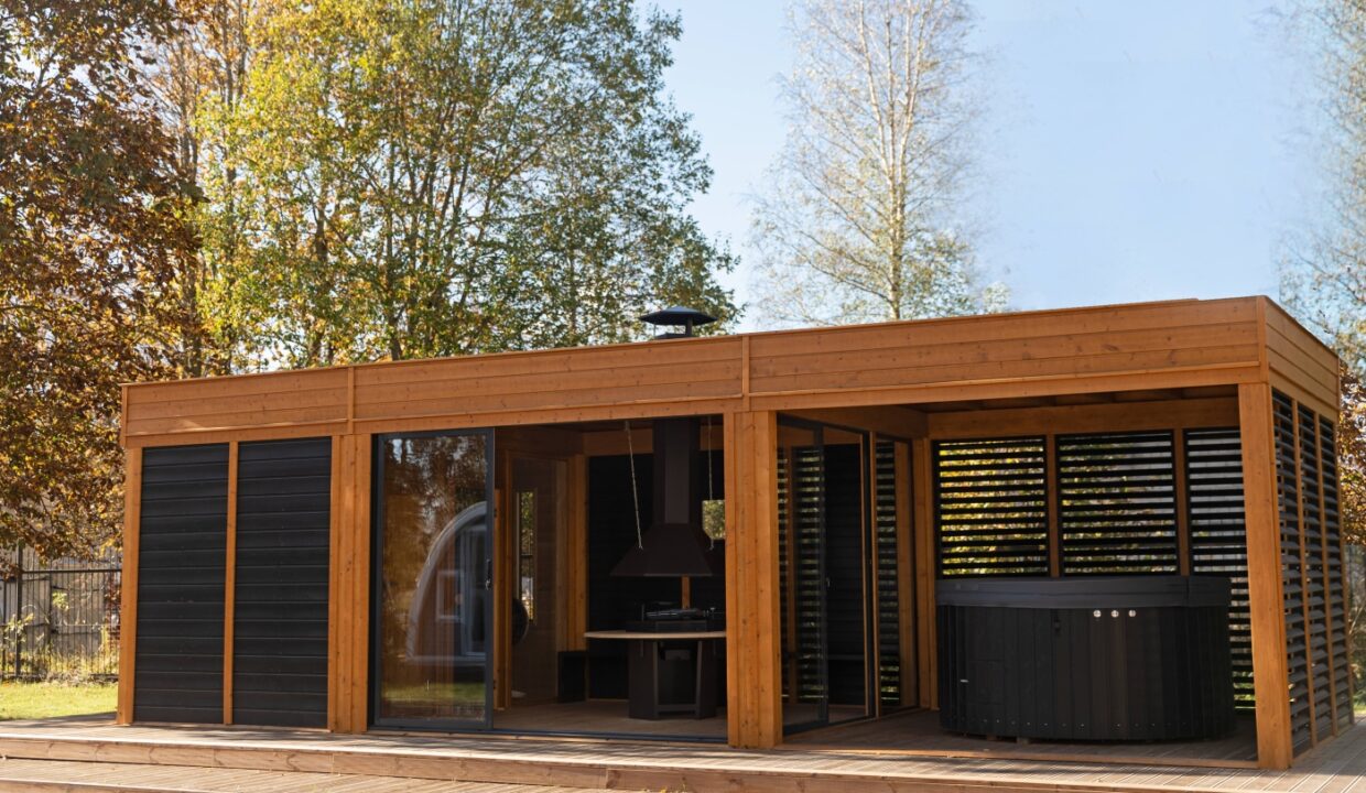 Cube de jardin 3 x 8 m avec sauna, barbecue et détente - vue principale