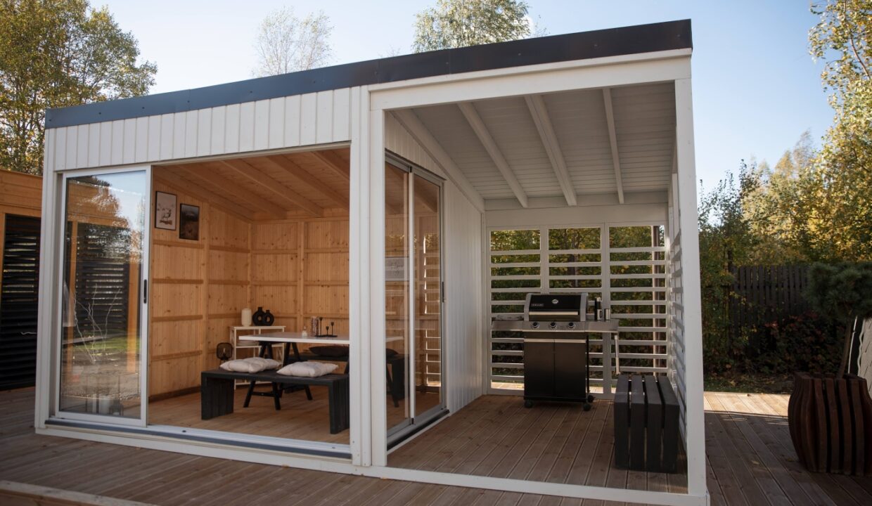Cube de jardin vitré 3 x 3 m avec extension barbecue 2 x 3 m - vue principale
